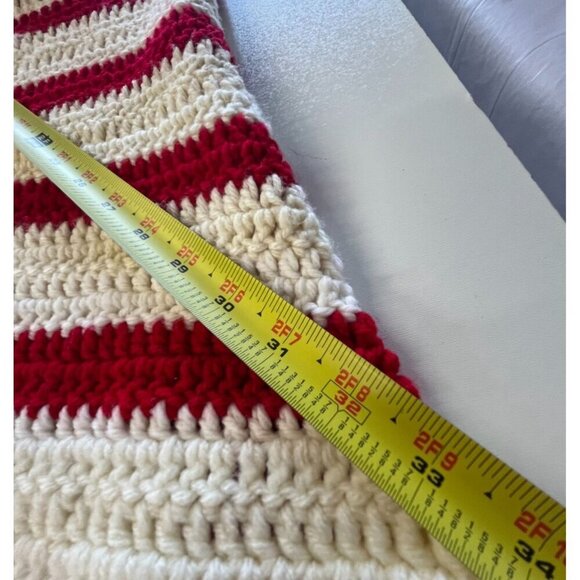 Vintage Hand Crafted Grandma Knitted Crochet Poncho Striped Red Cream White SM - Picture 4 of 6